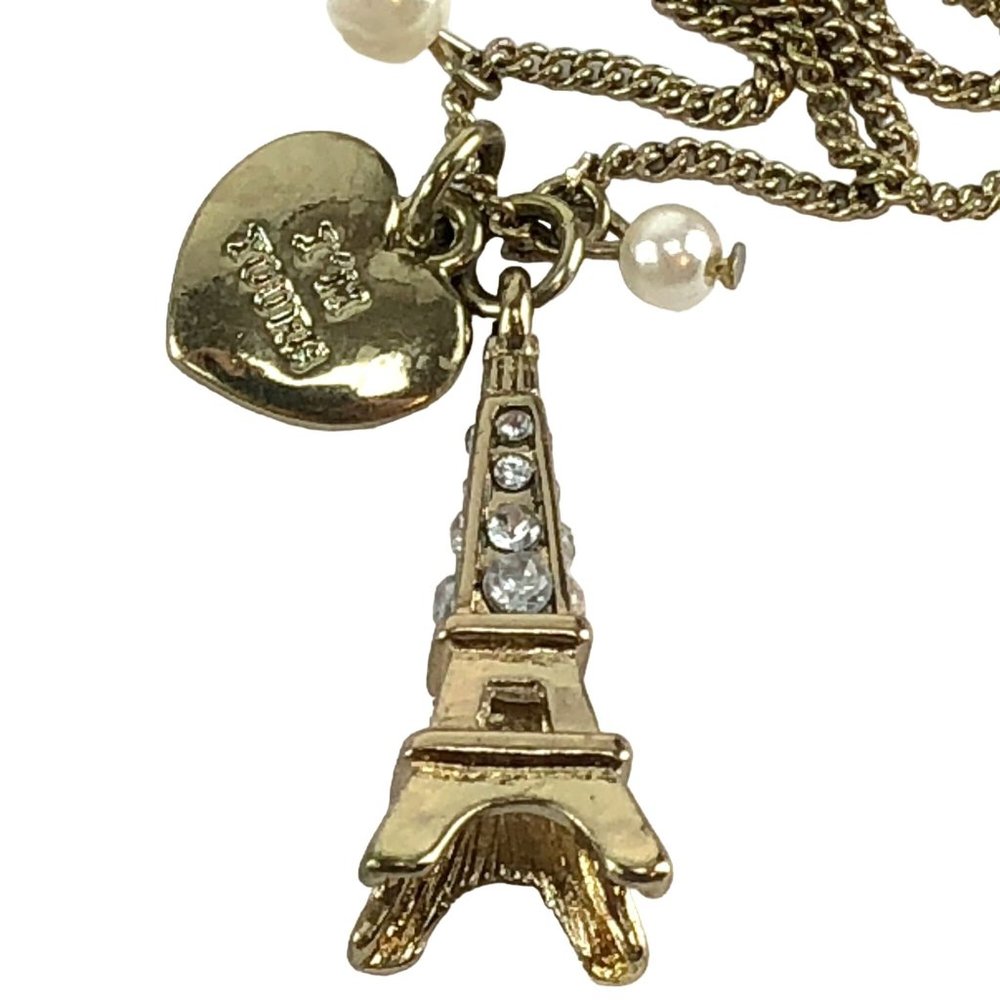 Necklace Paris Eiffel Tower Crystals Heart Pendant "I'm Yours" on Gold Tone Chai